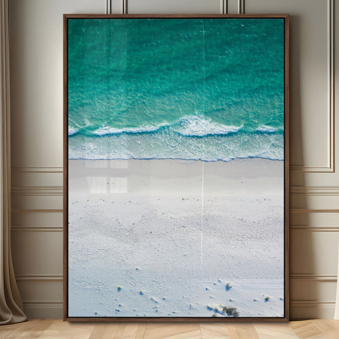 Turquoise Ocean Wall Art Canvas Print, Framed White Sand Shore Art, Gentle Waves Coastal Decor