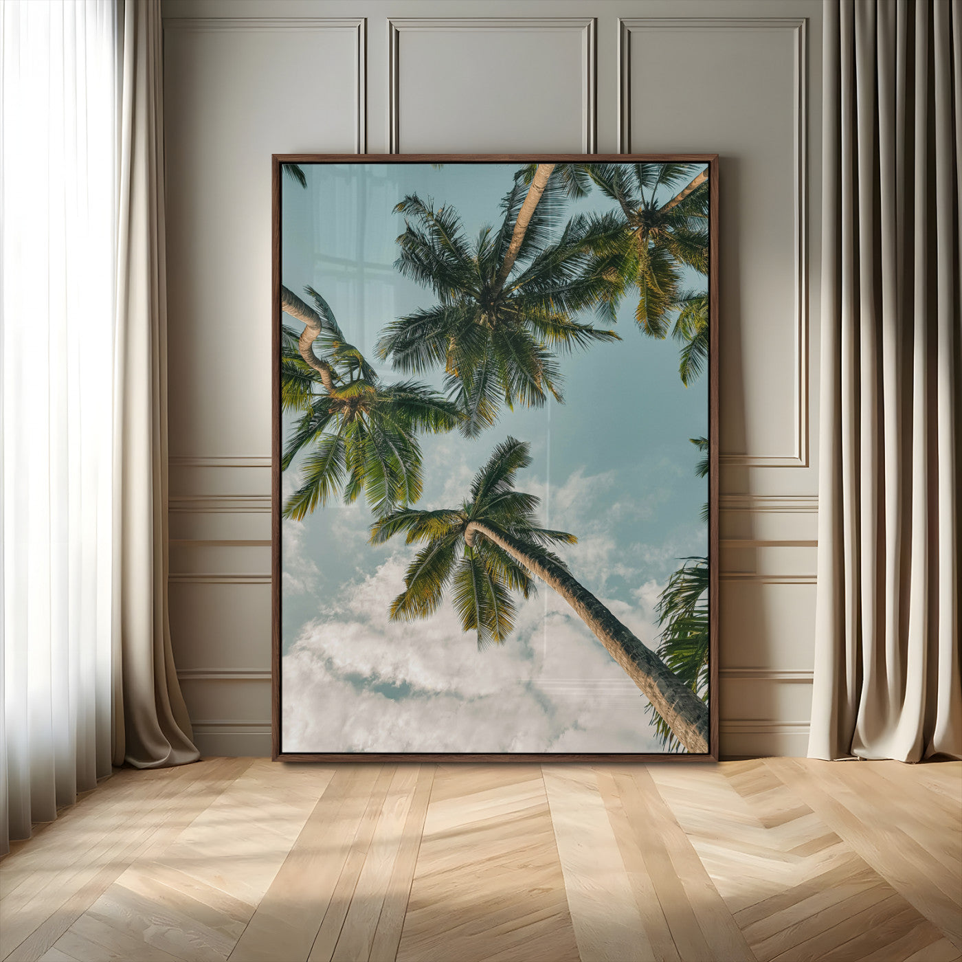 MGV-FP-48X32-3P - Tropical Palm Trees Wall Art Canvas Print, Framed Coastal Nature Art Picture Print, Relaxing Summer Vibes Perfect Boho Coastal Decor Artwork