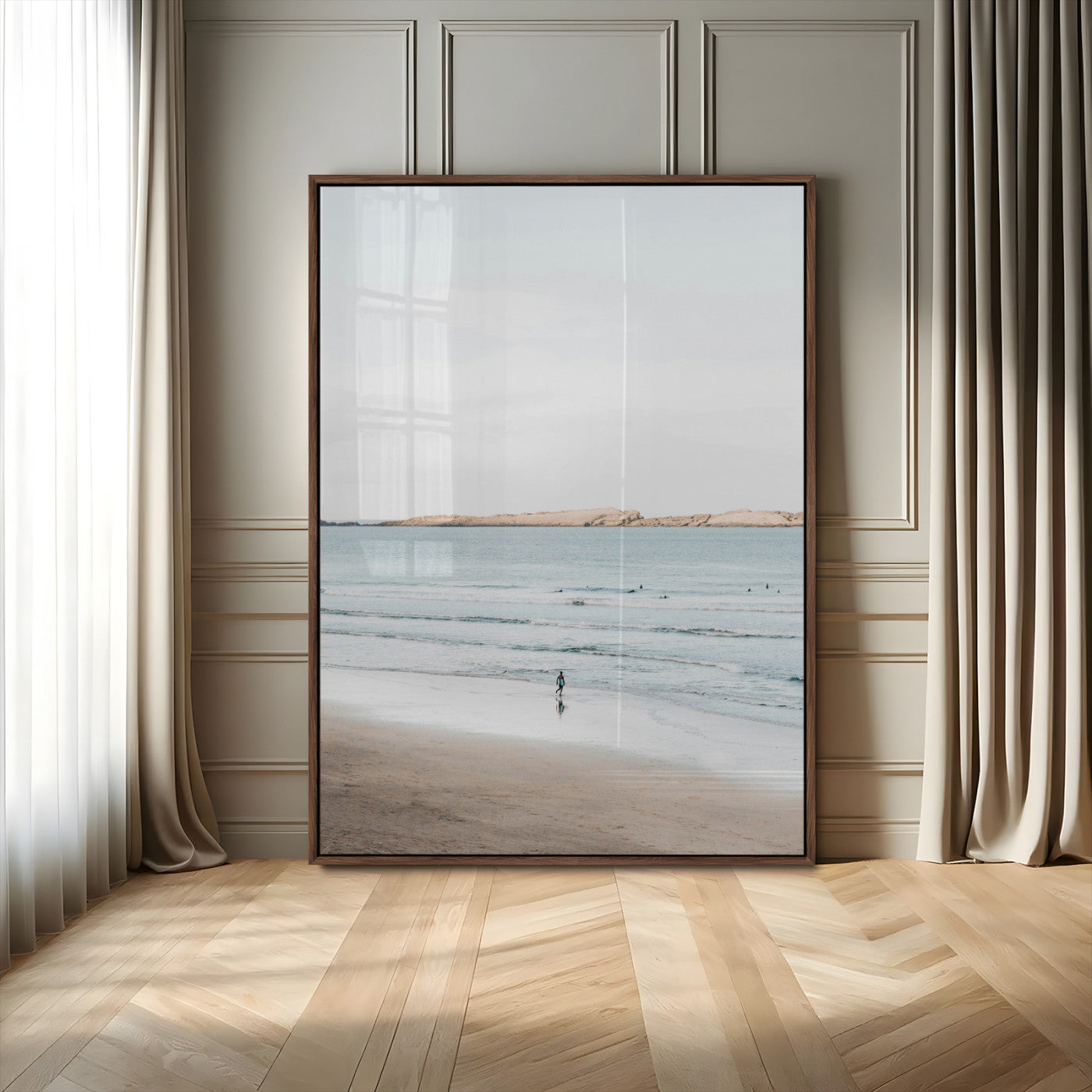 MGV-FP-48X32-3P - Minimalist Beach Wall Art Canvas Print, Framed Soft Blue Tones Art Picture Print, Tranquil Ocean Perfect Coastal Minimalist Decor Artwork