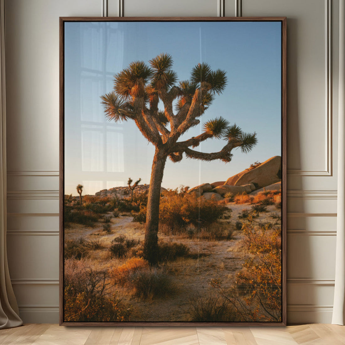 Joshua Tree Wall Art Canvas Print, Framed Desert Sunset Golden Hour Southwestern Art