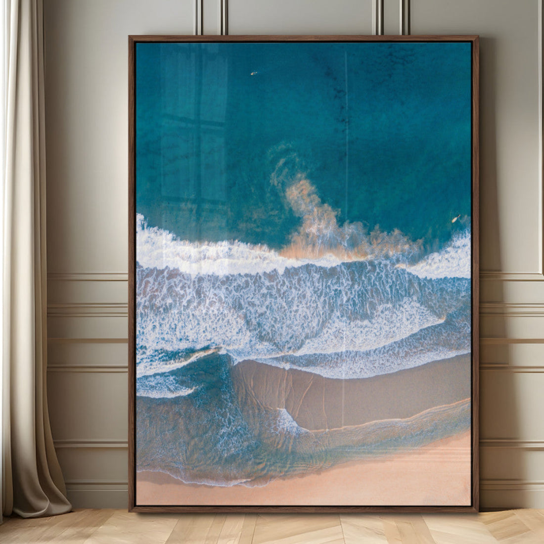 Aerial Beach View Wall Art Canvas Print, Framed Ocean Waves Coastal Serenity Art