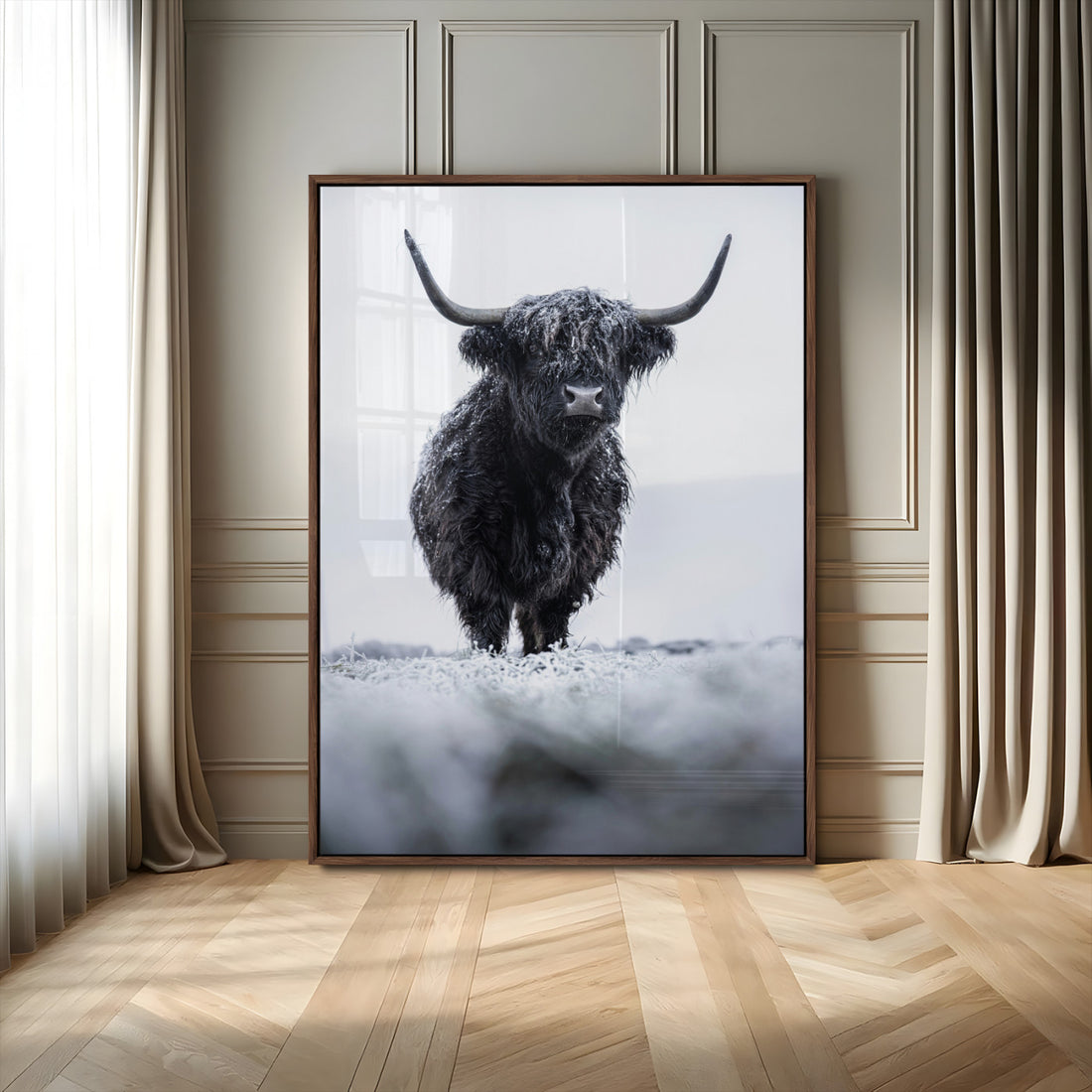 Frosty Black Highland Cow Wall Art Canvas Print, Framed Moody Winter Scottish Cattle