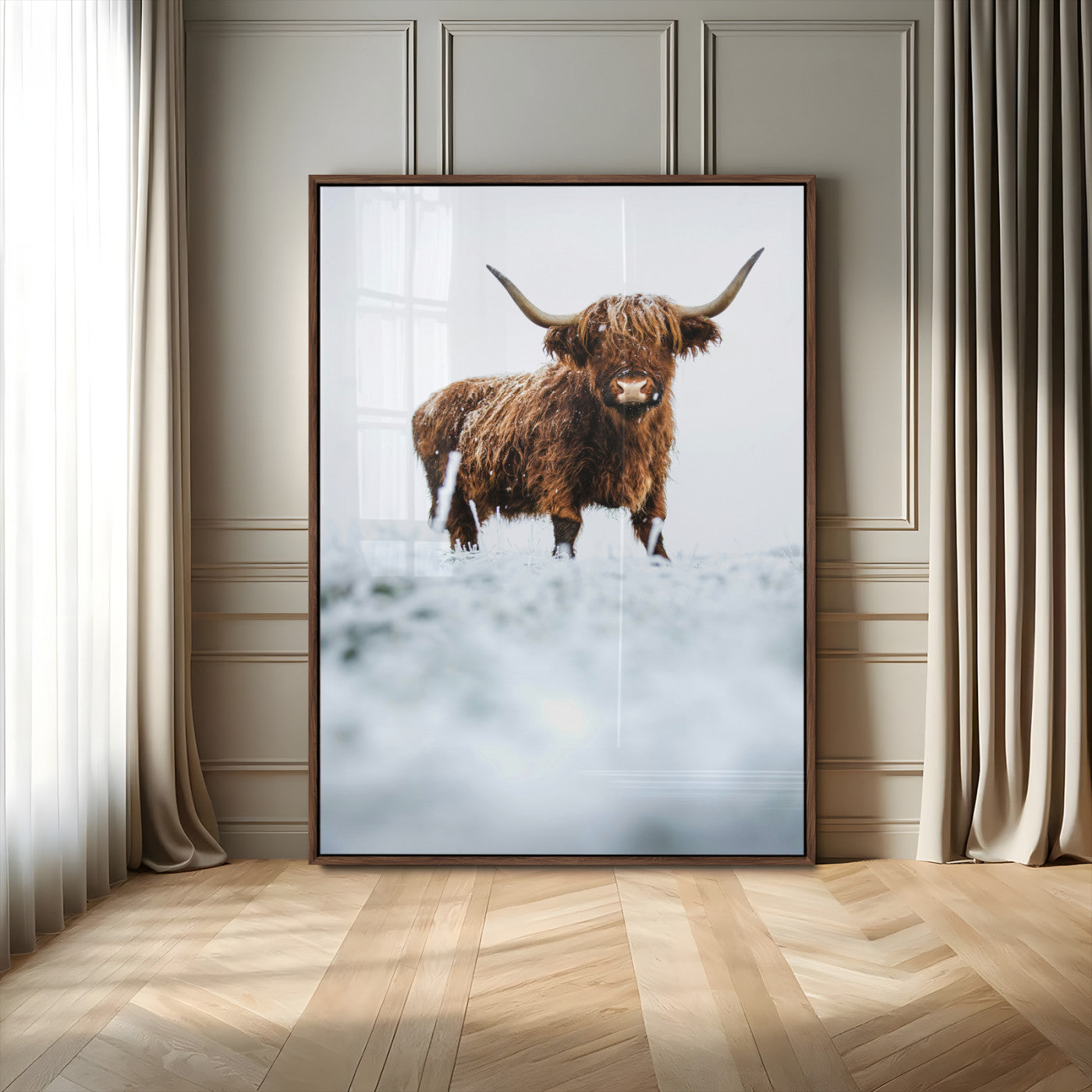 MGV-FP-48X32-3P - Highland Cow Wall Art Canvas Print, Framed Horned Cow Art Picture Print, Scottish Cattle Perfect Farmhouse Decor Artwork