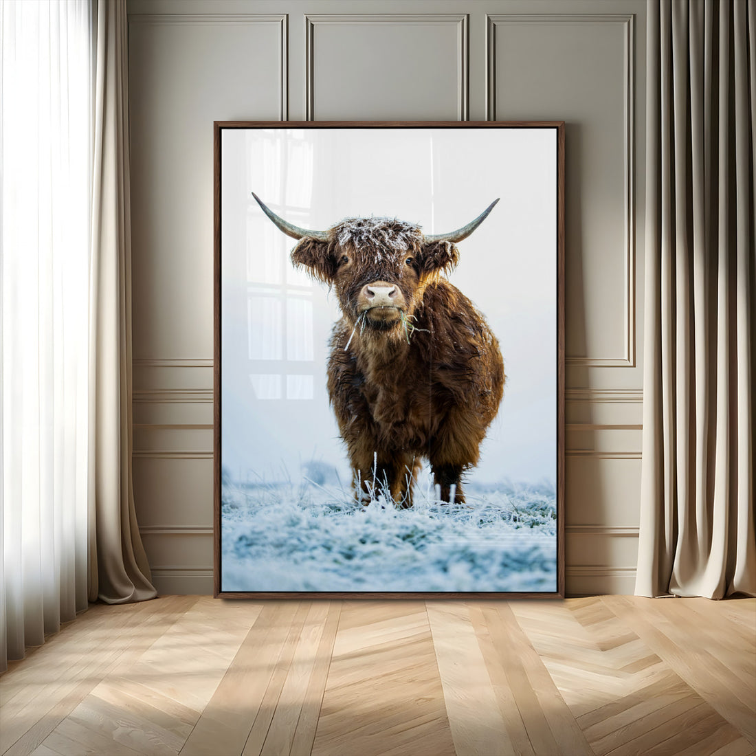 Highland Cow Wall Art Canvas Print, Framed Frosty Winter Farm Scene Artwork