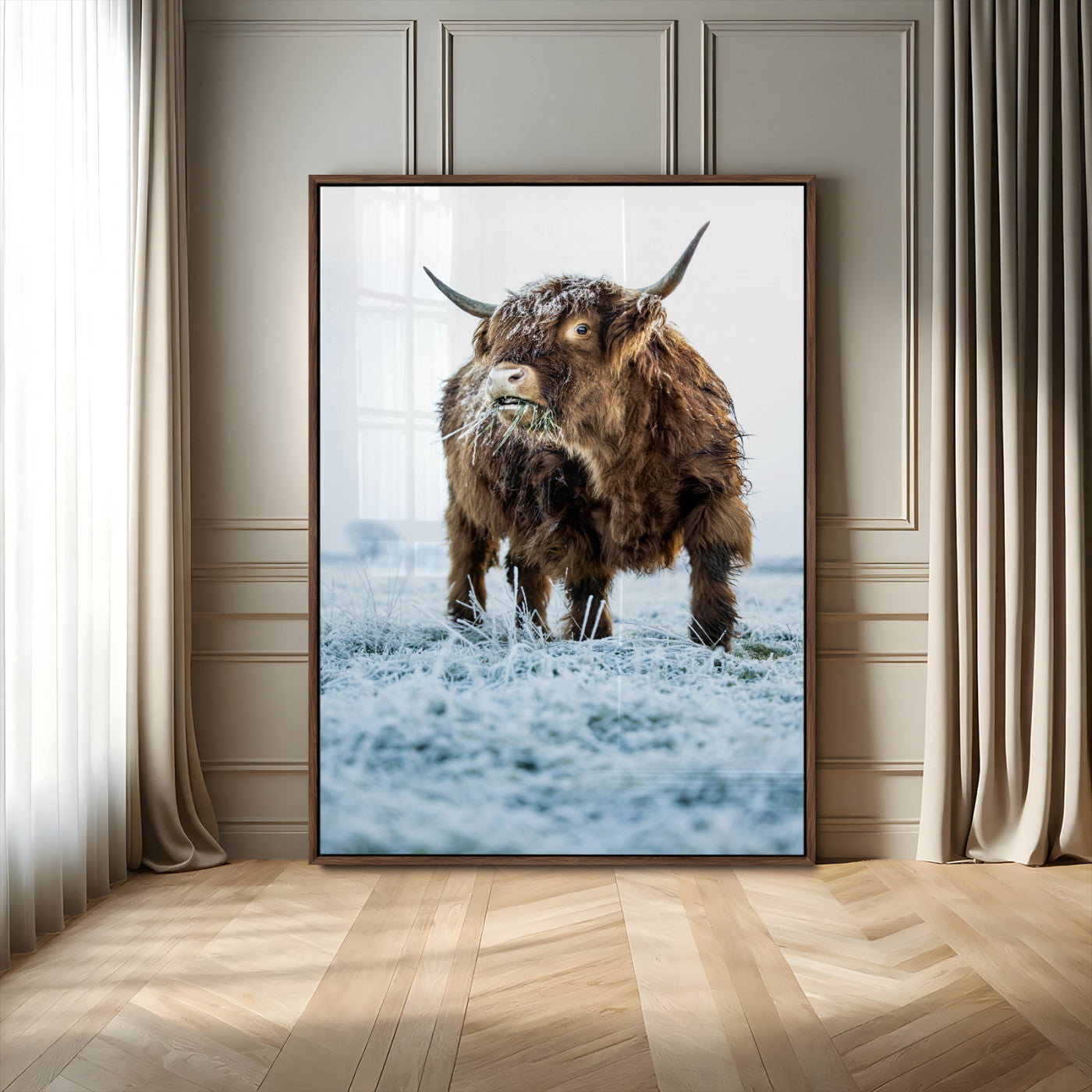 MGV-FP-48X32-3P - Minimalist Scottish Highlang Cow Wall Art Canvas Print for Farmhouse / County Style Art Print for