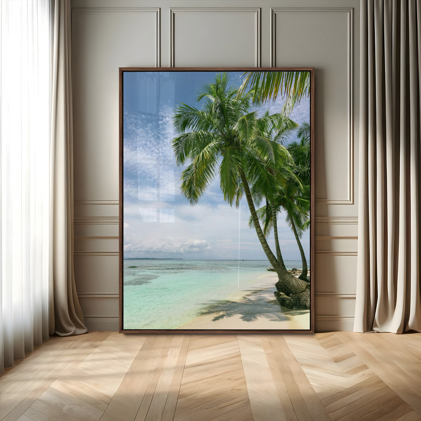 MGV-FP-48X32-3P - Tropical Beach Palm Trees Canvas Print – Island Coastal Wall Art, Bright Ocean Horizon Photography