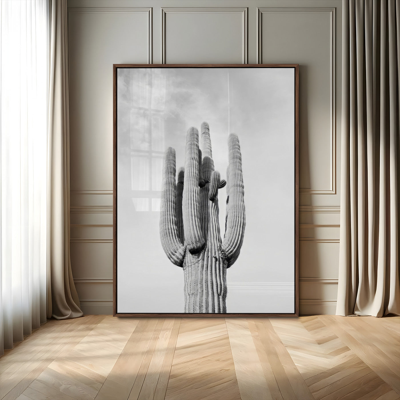 MGV-FP-48X32-3P - Saguaro Cactus Wall Art – Black and White Desert Landscape Canvas Print, Modern Minimalist Nature Decor for Home, Office, Living Room