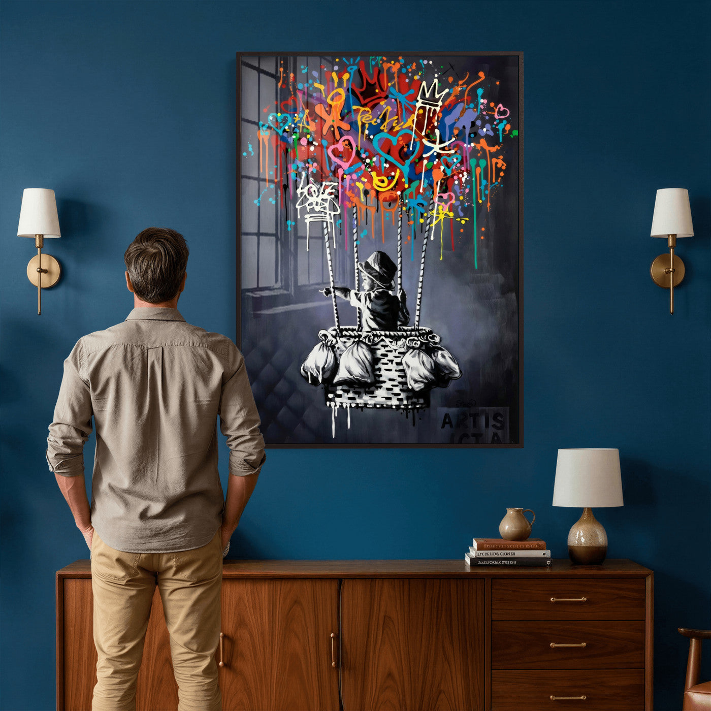87352999-MGV-CV-24X36 - Banksy Inspired Boy Swing Wall Art Canvas Print, Graffiti Balloon Hearts Street Art, Colorful Urban Mural Artwork for Modern Living Room Decor