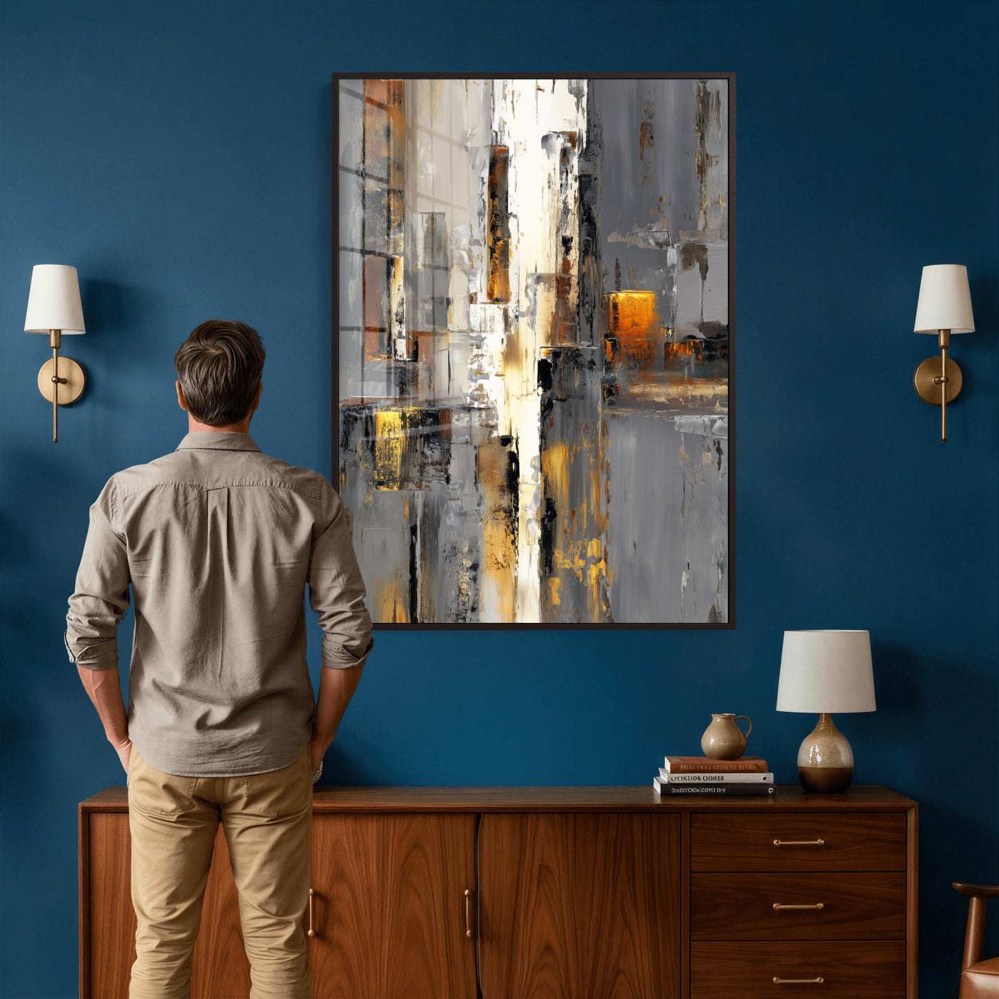 35992080-MGV-CV-24X36 - Abstract Urban Reflection Wall Art Canvas Print, Gold Black Modern Architecture Canvas Print, Contemporary Moody City Artwork for Living Room Decor
