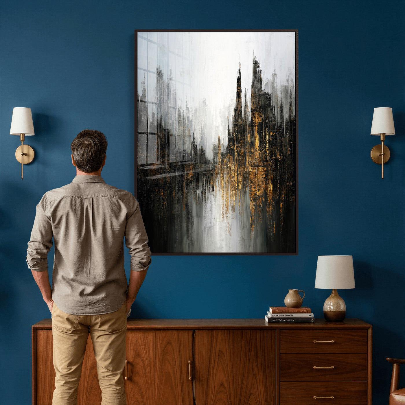 39629486-MGV-CV-24X36 - Abstract Urban Reflection Wall Art Canvas Print, Gold Black Modern Architecture Canvas Print, Contemporary Moody City Artwork for Living Room Decor
