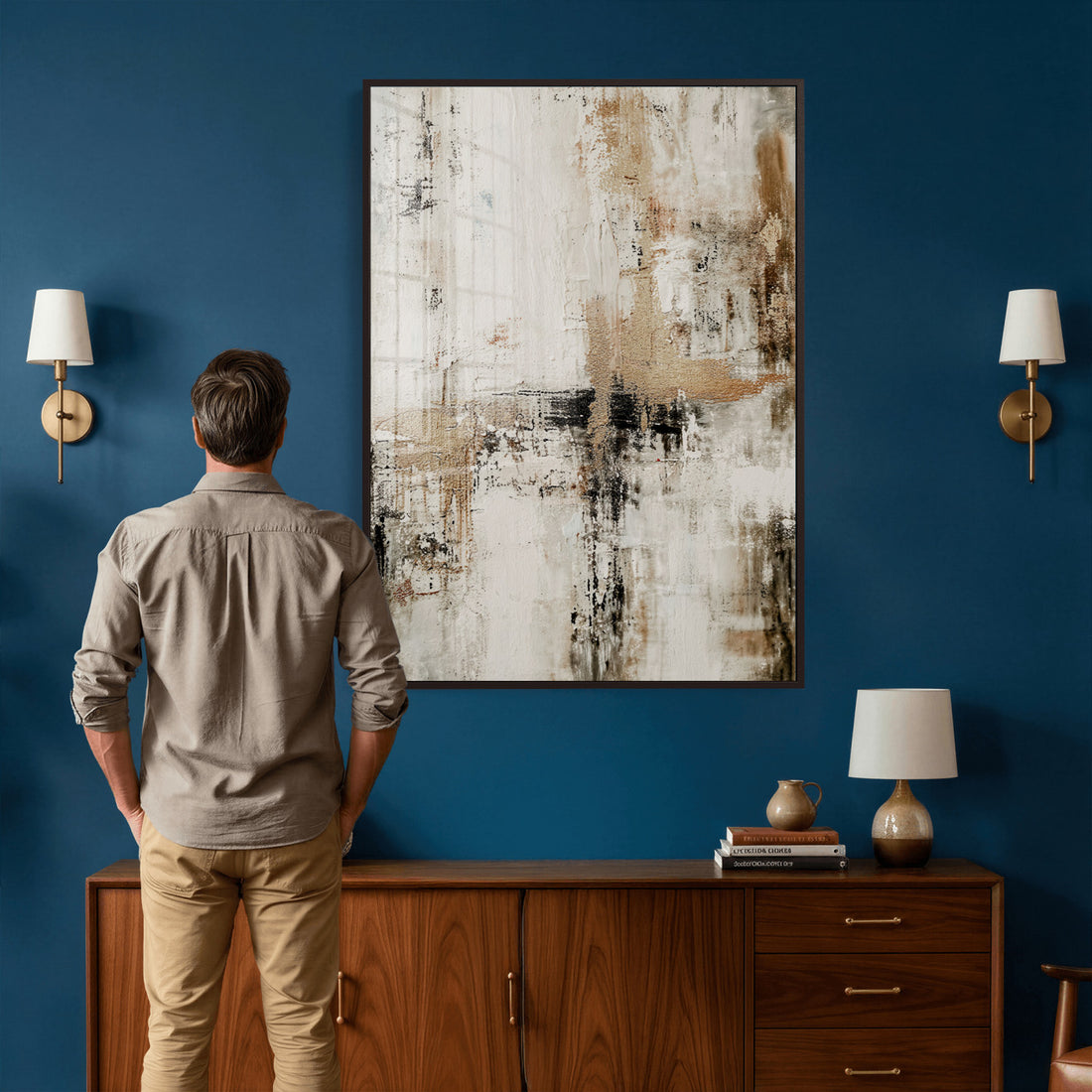 Neutral Abstract Wall Art Canvas Print, Beige Black Painterly Style Modern Art