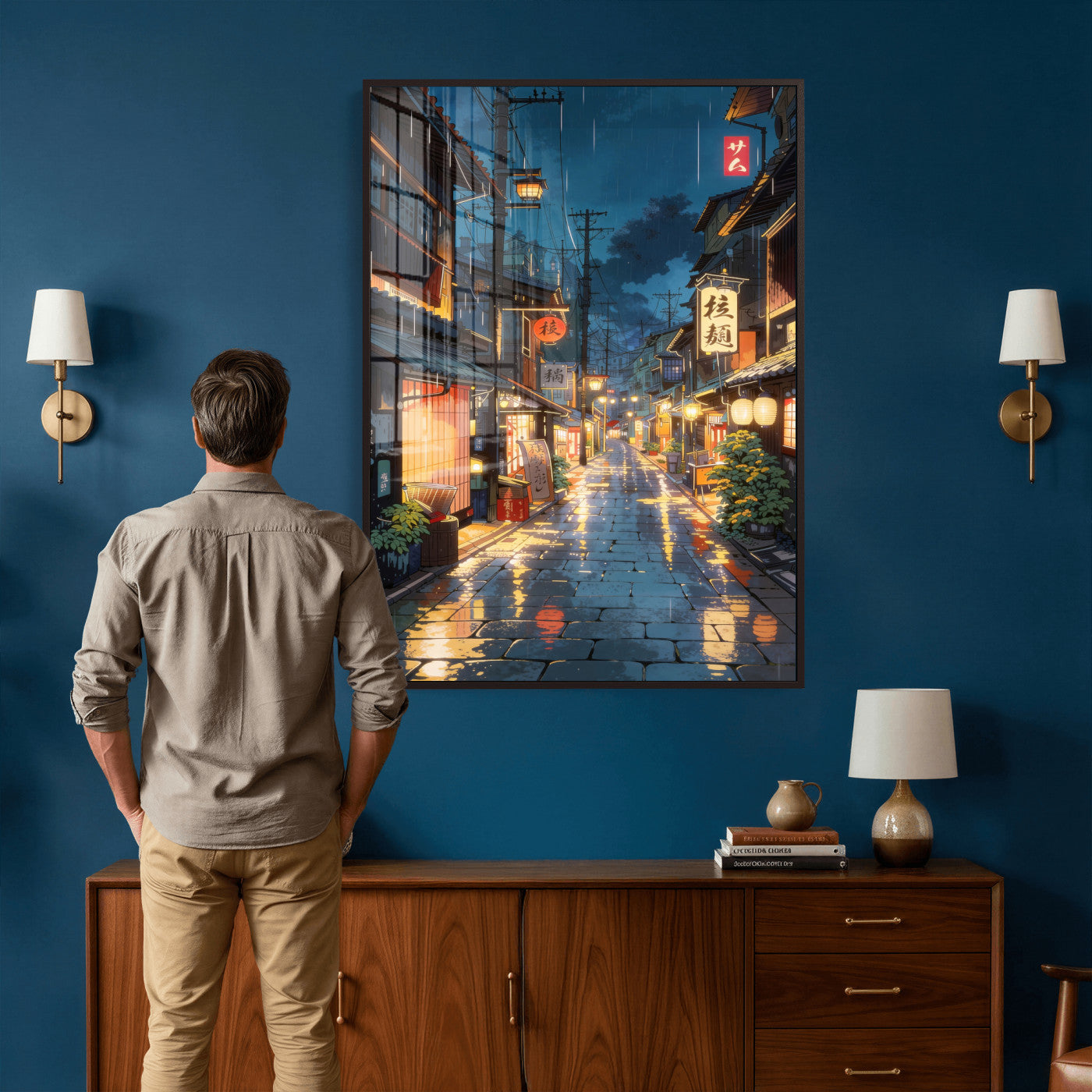 4712069J1-MGV-CV-24X36 - Tokyo Tea House Canvas Wall Art — Japan Rainy Night Street Print | Anime Style Decor | Japanese Tea House Art | Tokyo City Gift