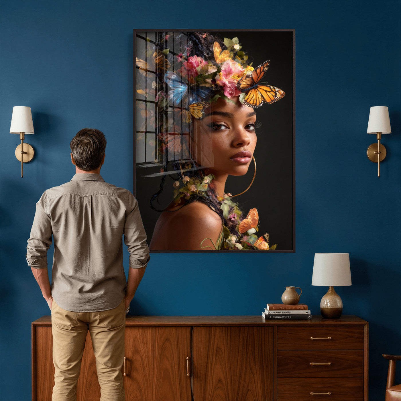 620930SZC10-MGV-CV-24X36 - Butterfly Crown Gold Woman Portrait — Monarch Queen Canvas Print | Teal Dark Fantasy Art | Boho Bedroom Wall Decor | Empowerment Gift Her