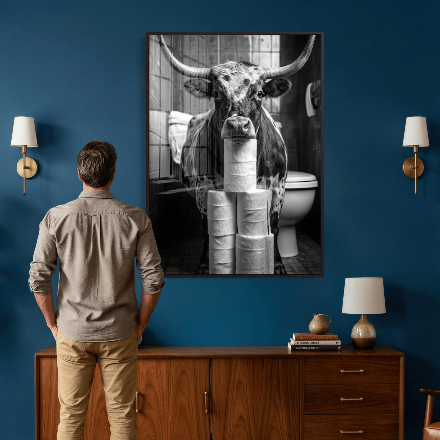 79259956-MGV-CV-24X36 - Texas Longhorn Cow Toilet Paper Canvas Wall Art, Funny Bathroom Black White Print, Cute Animal Humor Decor, Quirky Farmhouse Bathroom Art, Cow Lover Gift