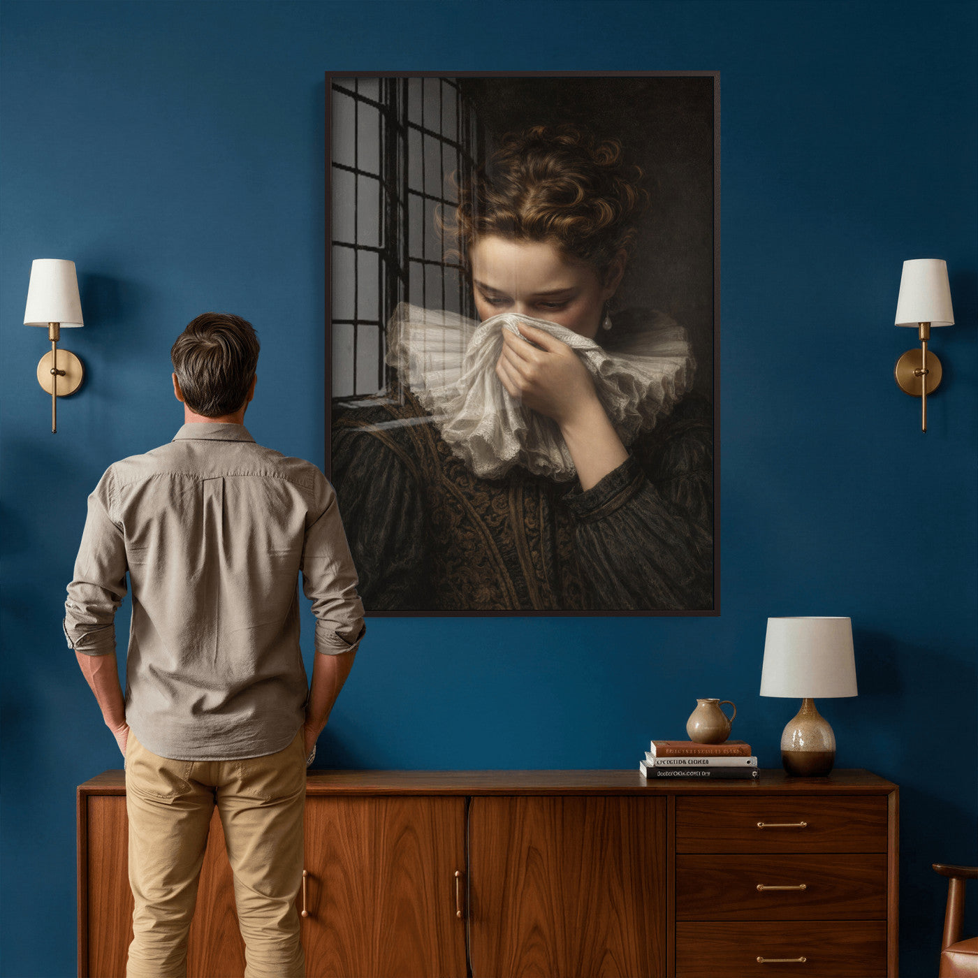 62652430-MGV-CV-24X36 - Baroque Portrait Canvas Wall Art, Flemish Woman with Lace Collar Print for Bathroom Wall Art, Funny Toilet Decor, Renaissance Style Portrait, Moody Vintage Wall Art