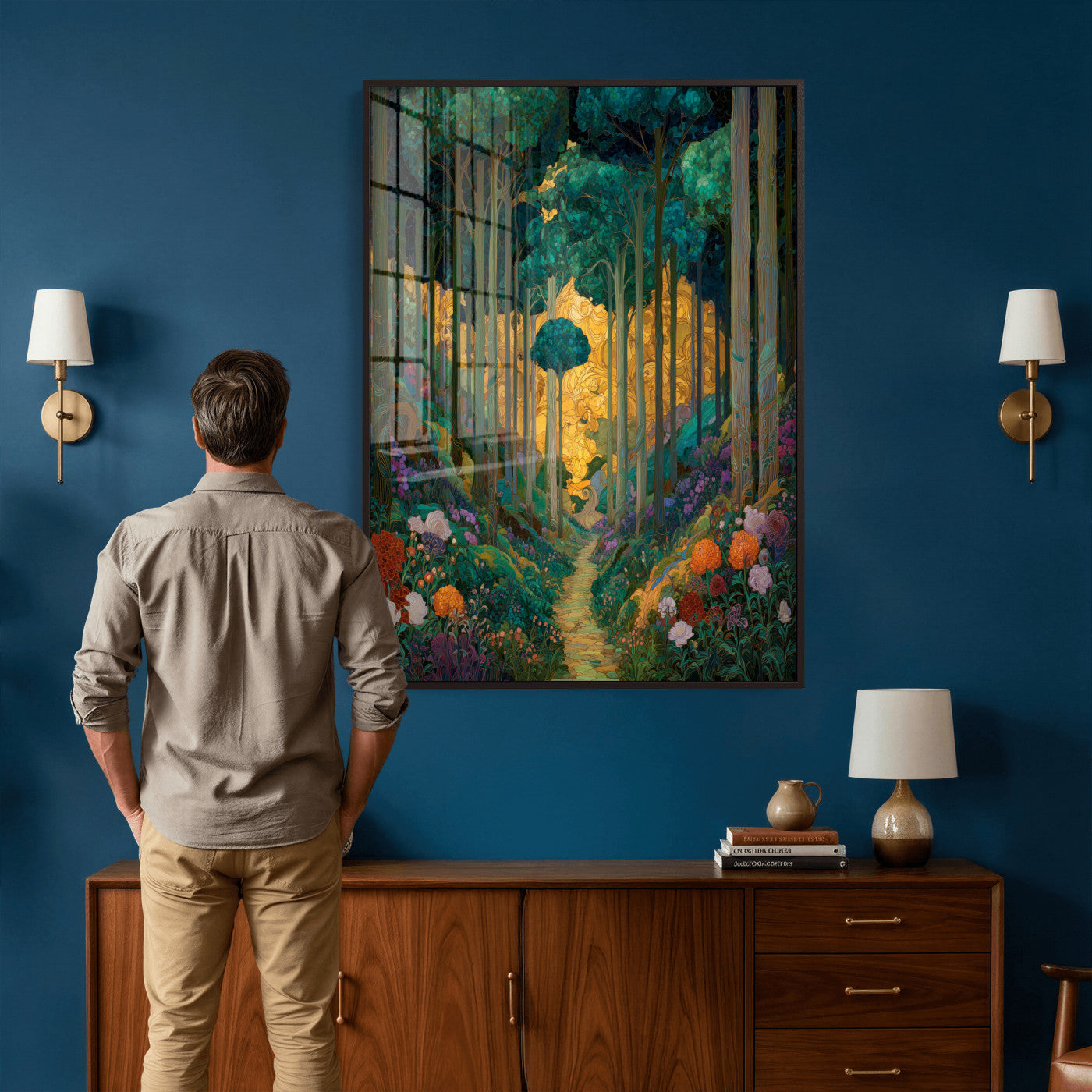 70159913-MGV-CV-24X36 - Gustav Klimt Style Forest Canvas Wall Art, Golden Forest Path Floral Art Nouveau Print, Enchanted Woodland Decor, Maximalist Colorful Nature Art