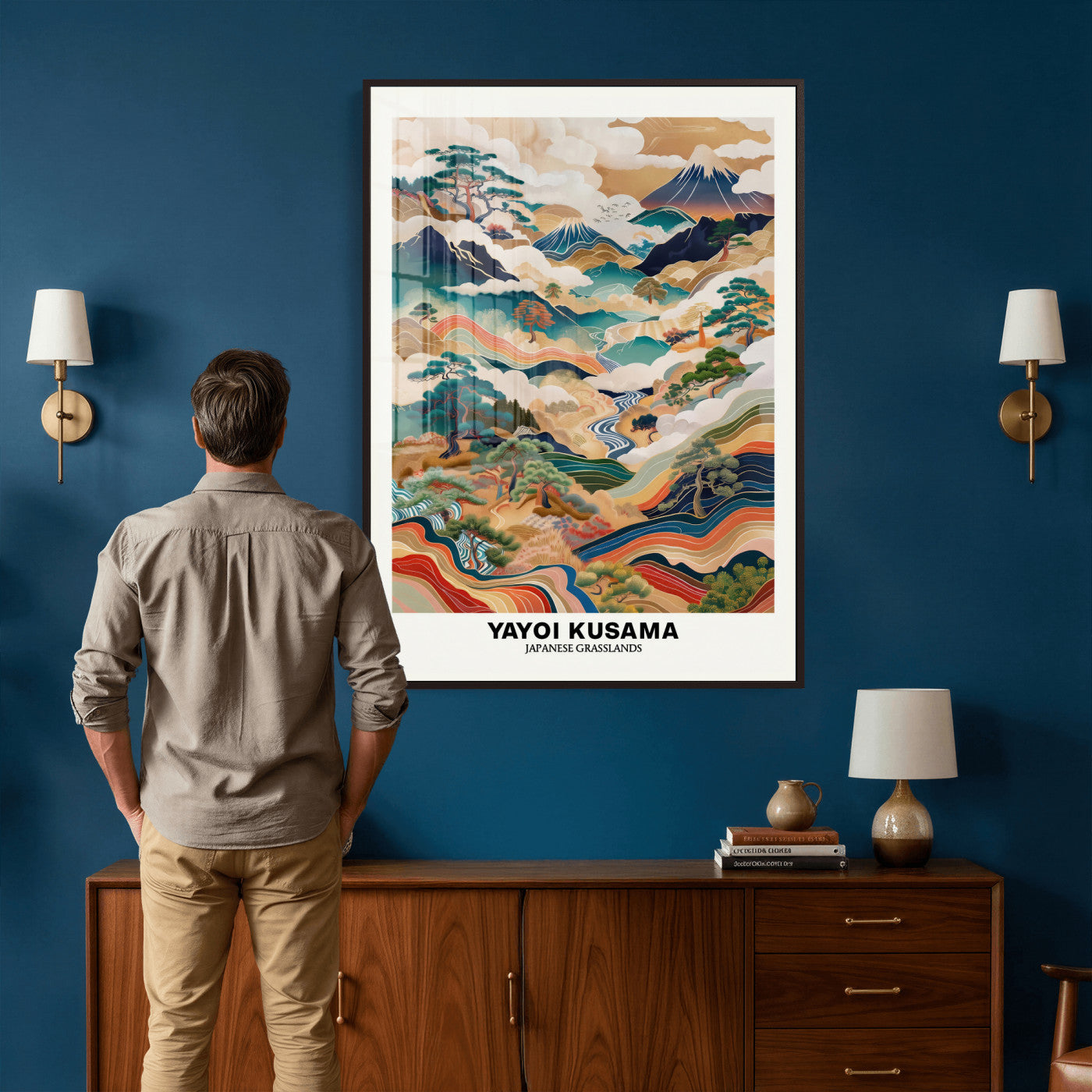 71553303-MGV-CV-24X36 - Yayoi Kusama Japanese Landscape Wall Art Canvas Print, Colorful Mountain and River Framed Artwork, Nature Inspired Asian Scenic Decor for Living Room Bedroom Office