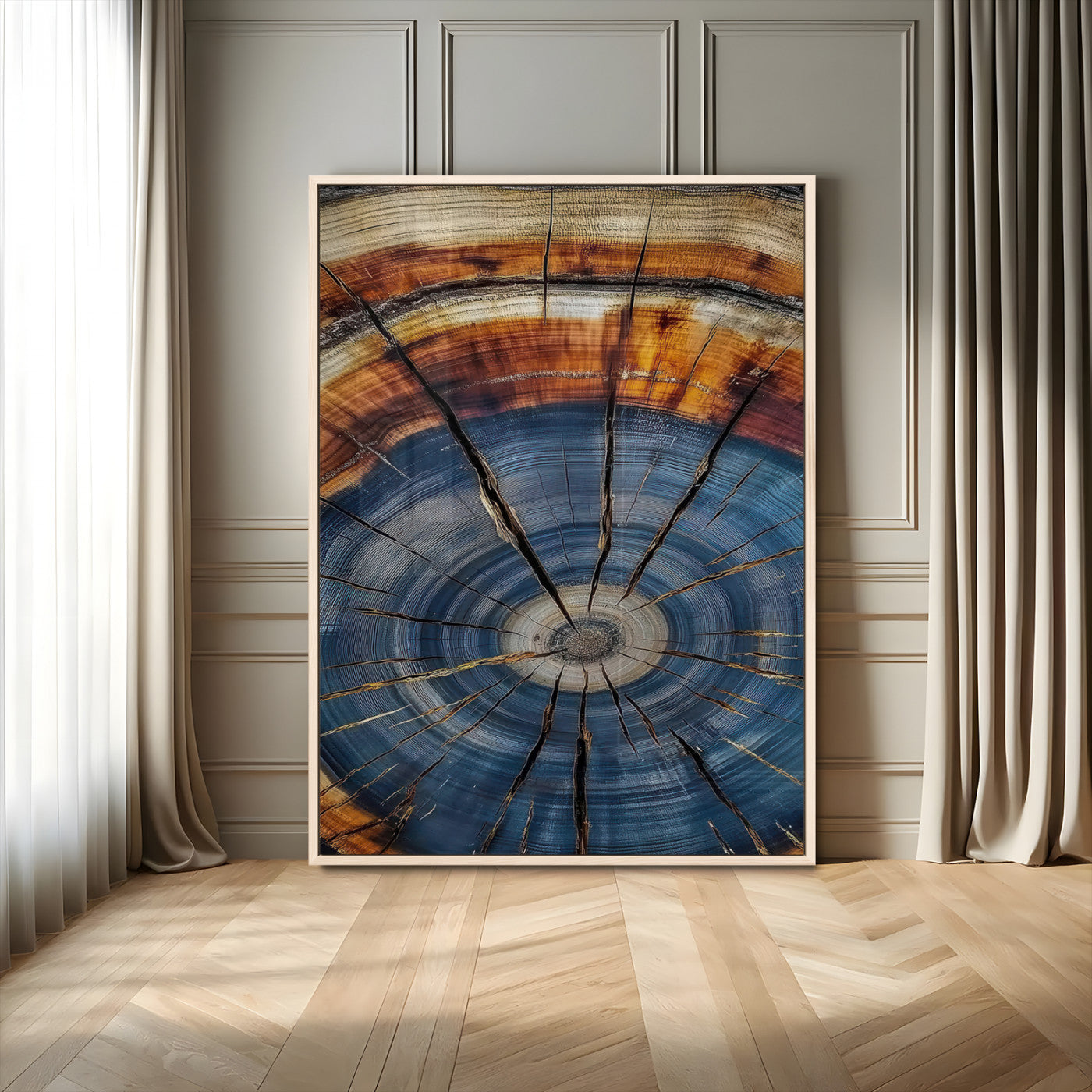 MGV-FP-48X32-3P - Tree Rings Wall Art Canvas Print, Framed Wood Texture Art Picture Print, Blue Grain Perfect Rustic Modern Decor Artwork