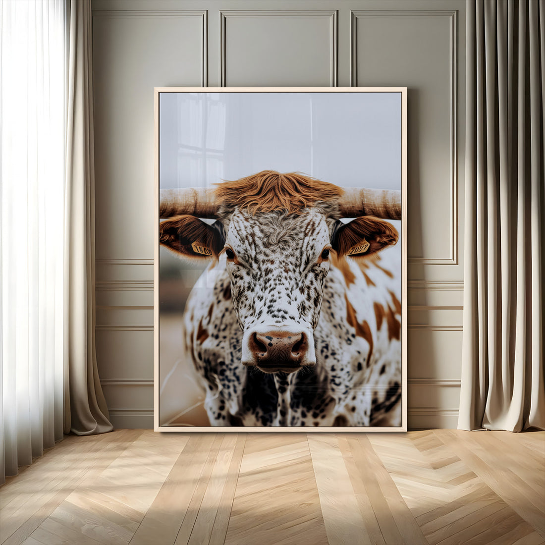 Texas Longhorn Wall Art Canvas Print | Spotted Horned Cattle Front View
