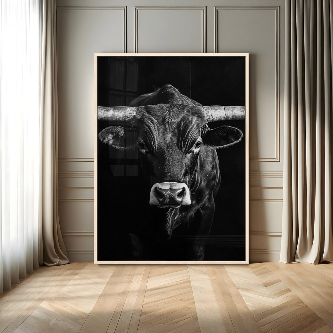 Texas Longhorn Wall Art Canvas Print | Monochrome Horned Bull