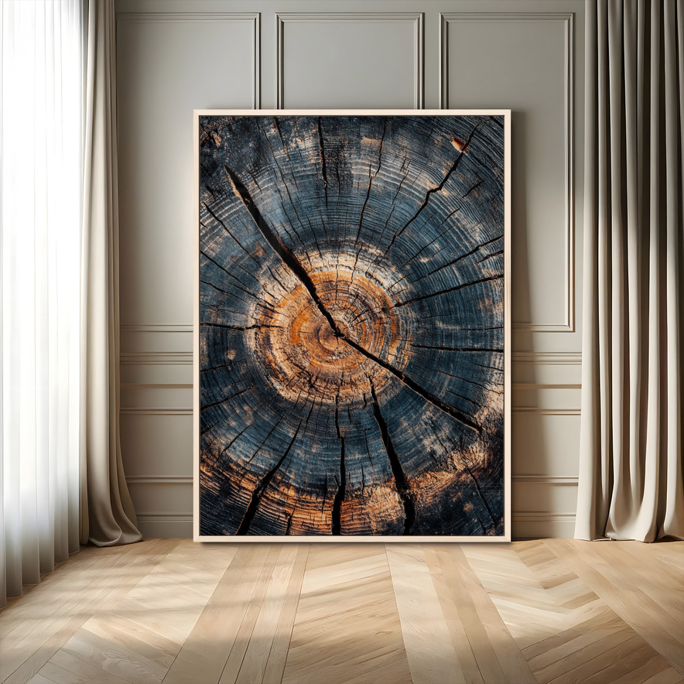 MGV-FP-48X32-3P - Tree Rings Wall Art Canvas Print, Framed Rustic Wood Art Picture Print, Natural Texture Perfect Rustic Decor Artwork