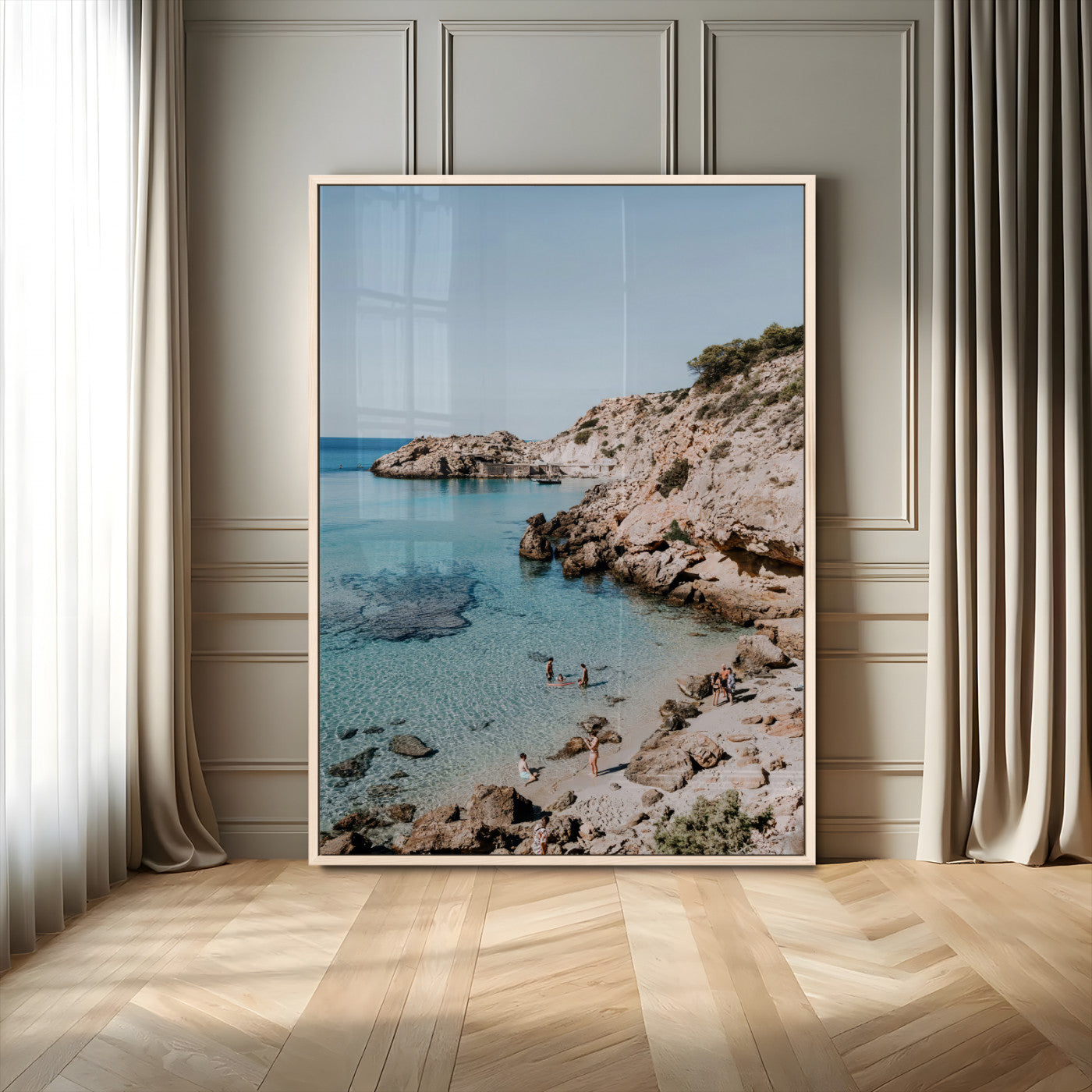 MGV-FP-48X32-3P - Turquoise Cove Wall Art Canvas Print, Framed Ibiza Beach Art Picture Print, Mediterranean Shore Perfect Boho Coastal Decor Artwork