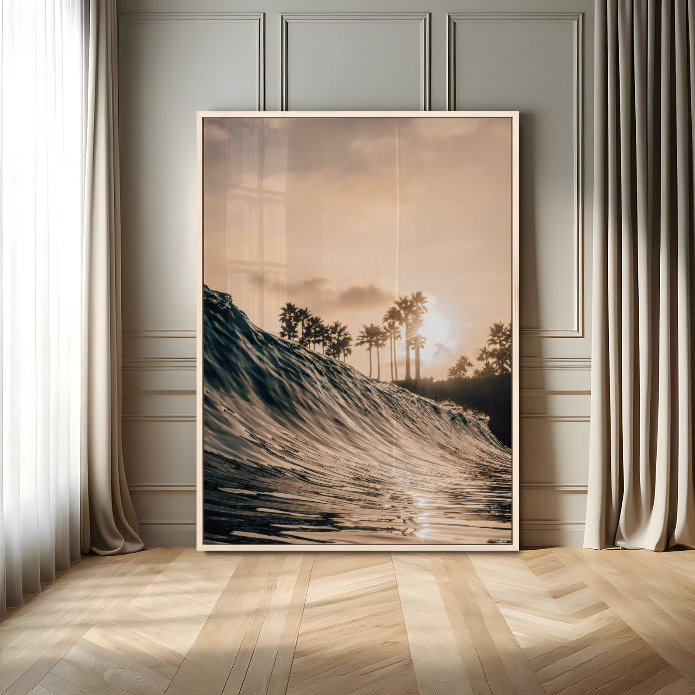 MGV-FP-48X32-3P - Golden Hour Ocean Wave Wall Art Canvas Print, Framed Tropical Beach Sunset Art Picture Print, Palm Tree Silhouettes Perfect Tropical Coastal Decor Artwork