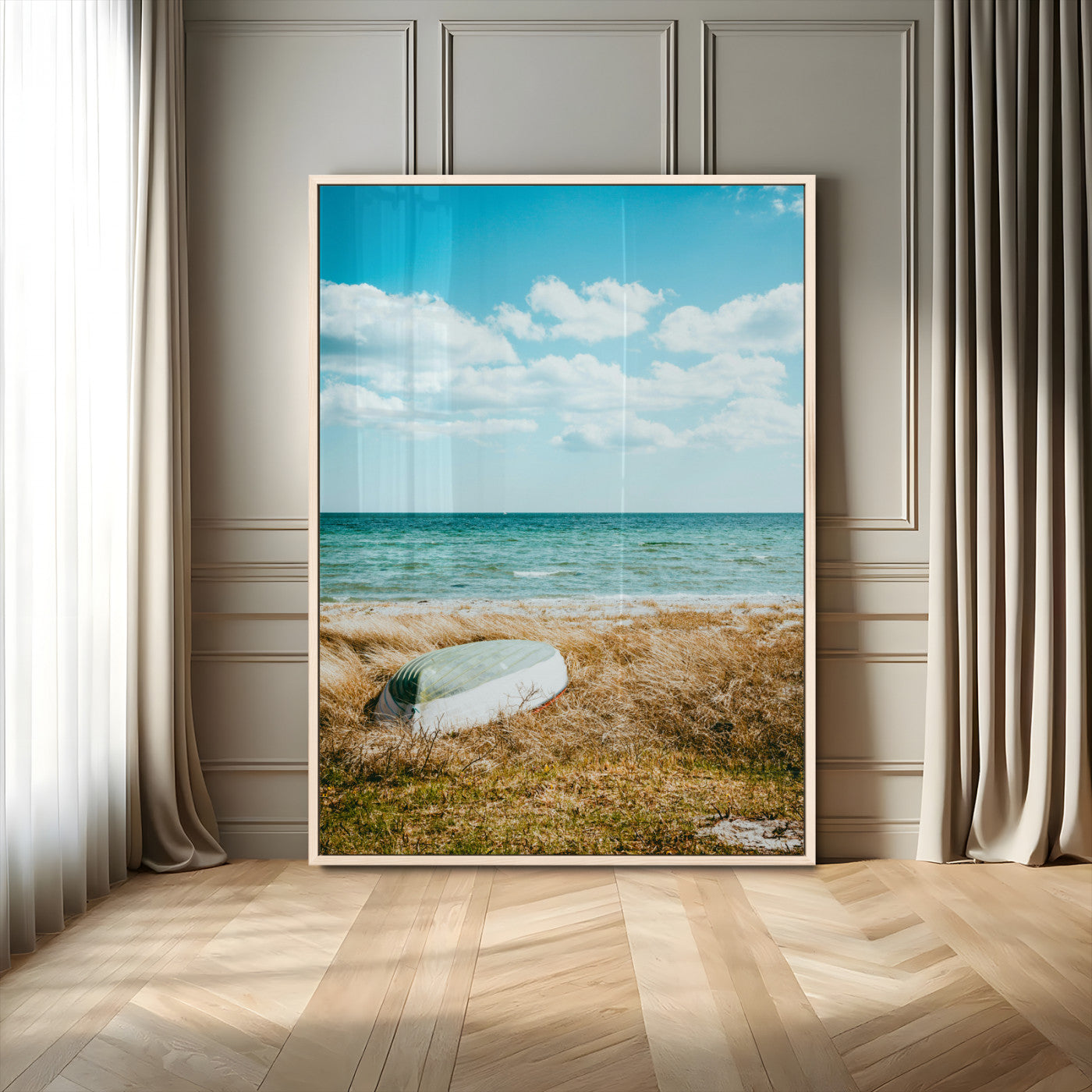 MGV-FP-48X32-3P - Coastal Serenity Wall Art Canvas Print, Framed Ocean View Art Picture Print, Rustic Boat Perfect Nautical Coastal Decor Artwork