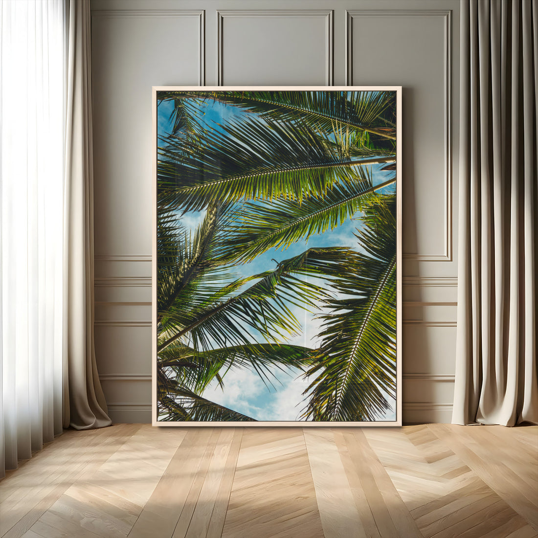 Palm Leaves Wall Art Canvas Print, Framed Tropical Vibes Art, Green Foliage Tropical Boho Decor