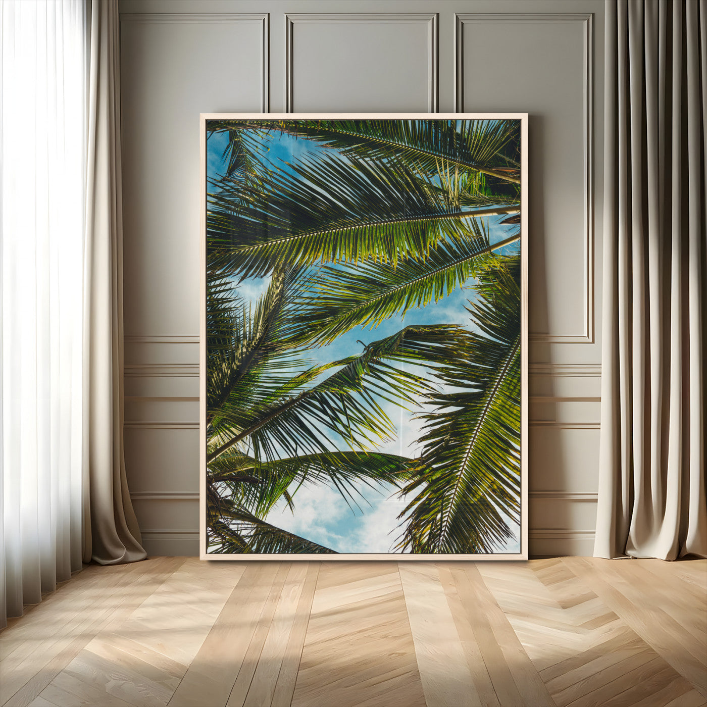 MGV-FP-48X32-3P - Palm Leaves Wall Art Canvas Print, Framed Tropical Vibes Art Picture Print, Green Foliage Perfect Tropical Boho Decor Artwork