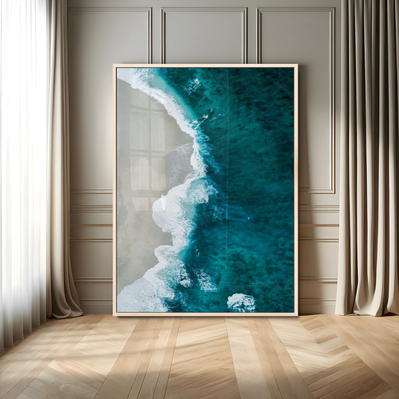 MGV-FP-48X32-3P - Aerial Ocean View Wall Art Canvas Print, Framed Coastal Serenity Art Picture Print, Turquoise Waves Perfect Modern Coastal Decor Artwork