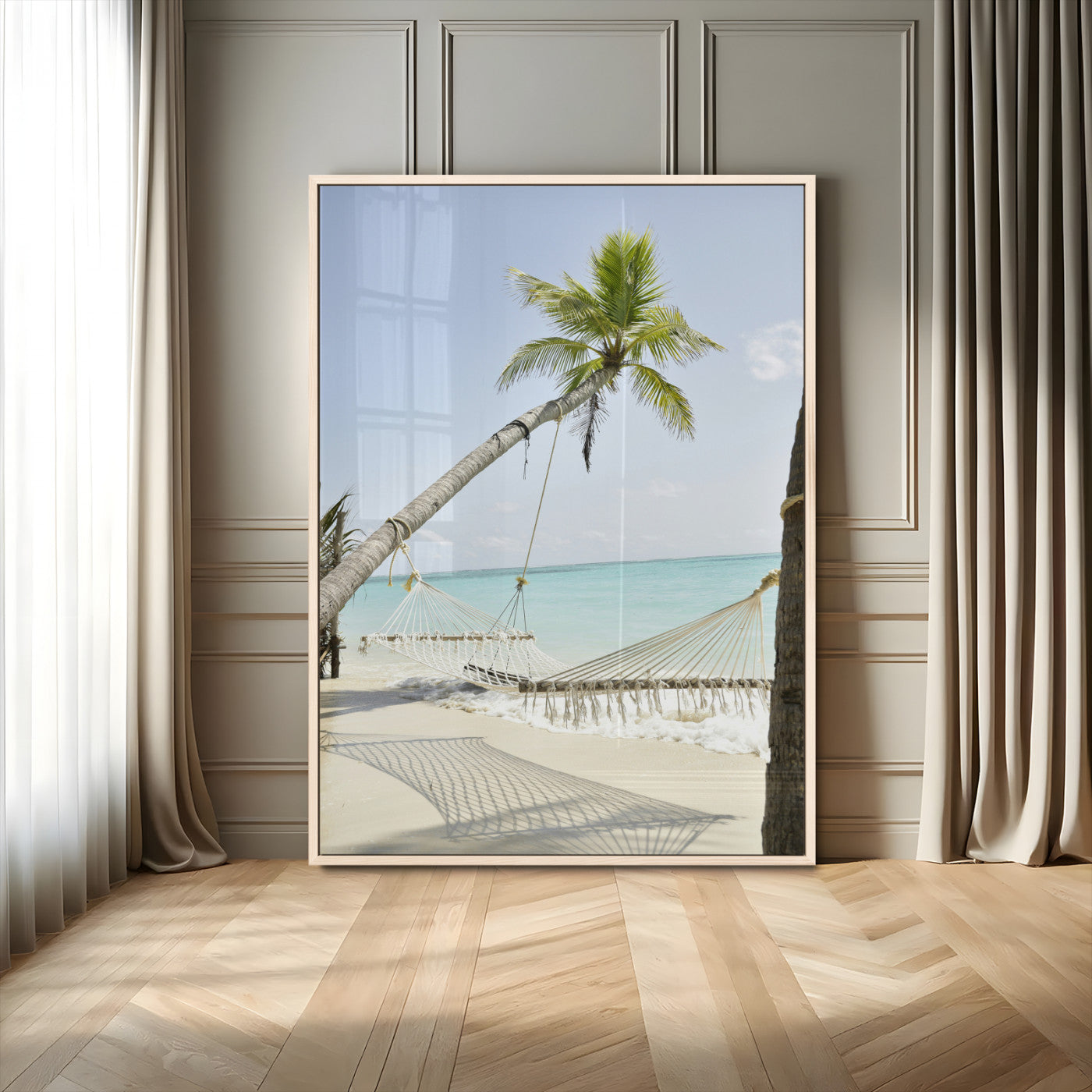 MGV-FP-48X32-3P - Beach Hammock Wall Art Canvas Print, Framed Tropical Paradise Art Picture Print, Coastal Serenity Perfect Boho Coastal Decor Artwork