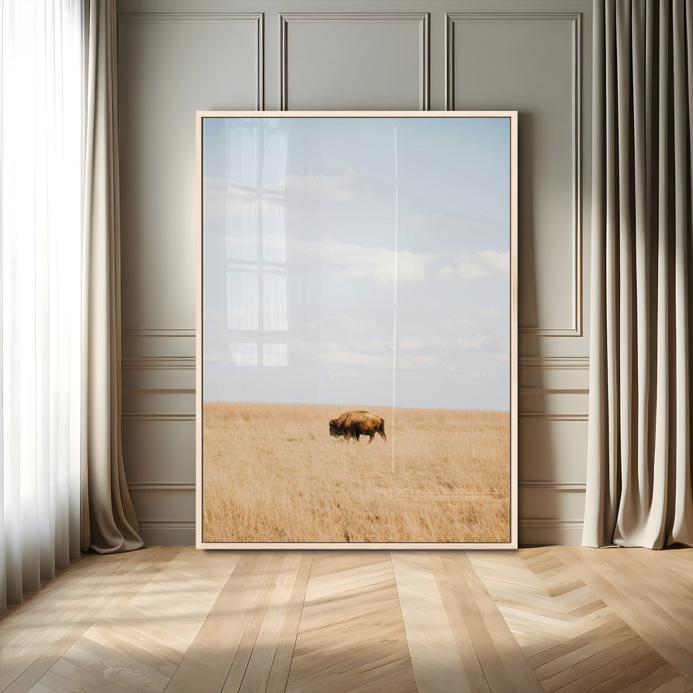 96766166-MGV-CV-24X36-Minimalist Nature Wall Art Canvas Print, Framed Bison In Grassland Art Picture Print, Open Field