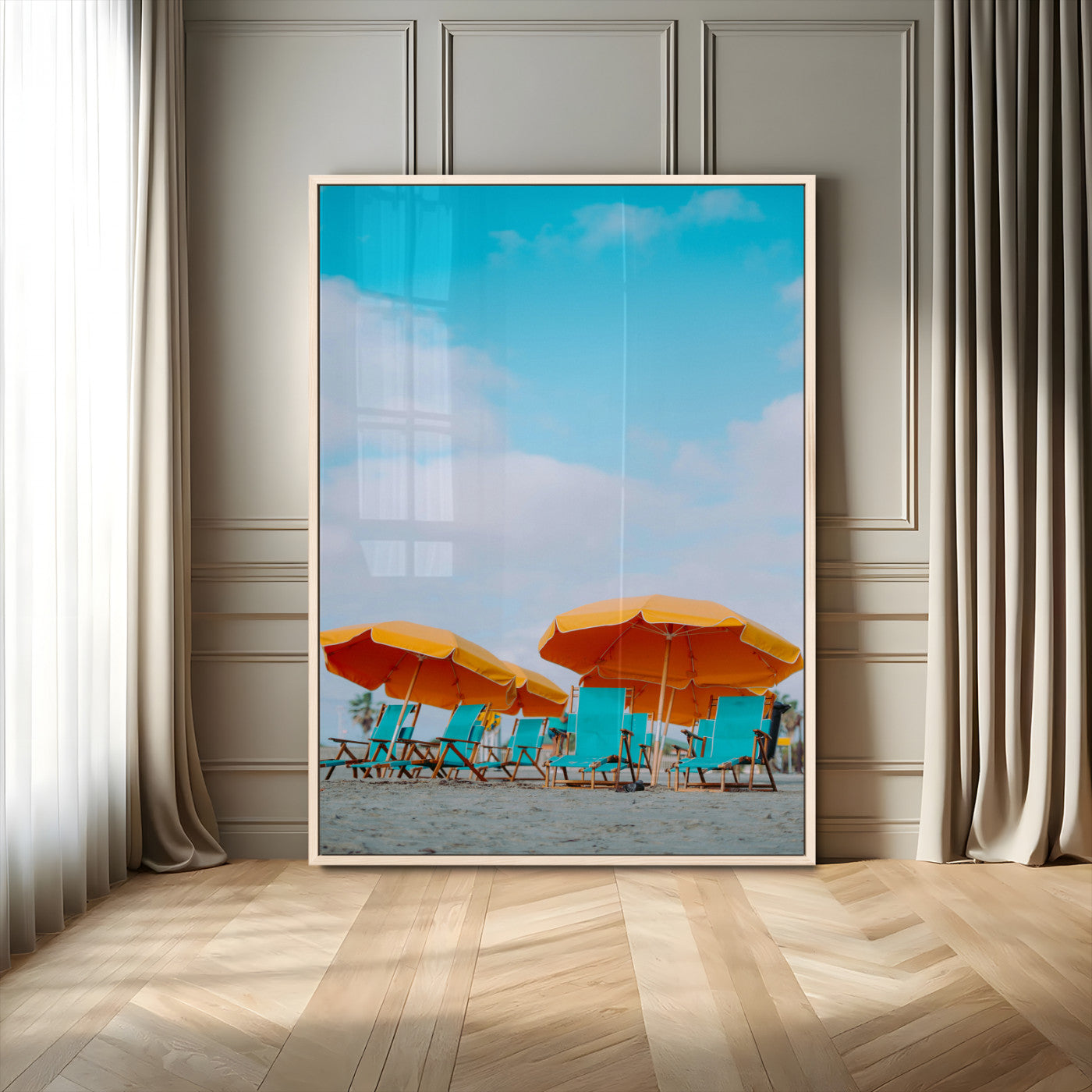 MGV-FP-48X32-3P - Beach Umbrellas Wall Art Canvas Print, Framed Coastal Vibes Art Picture Print, Tropical Paradise Perfect Coastal Boho Decor Artwork