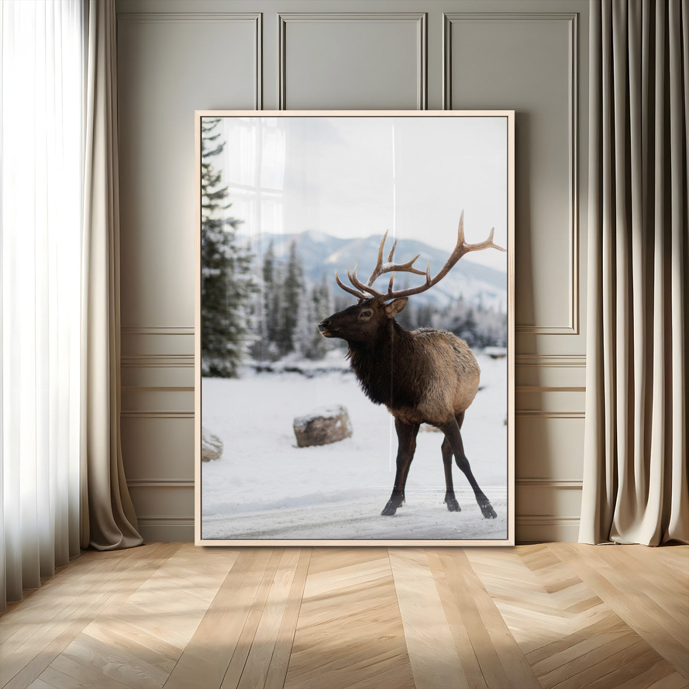 MGV-FP-48X32-3P - Elk Photography Wall Art Canvas Print, Framed Winter Wildlife Art Picture Print, Snowy Mountains Perfect Rustic Cabin Decor Decor Artwork