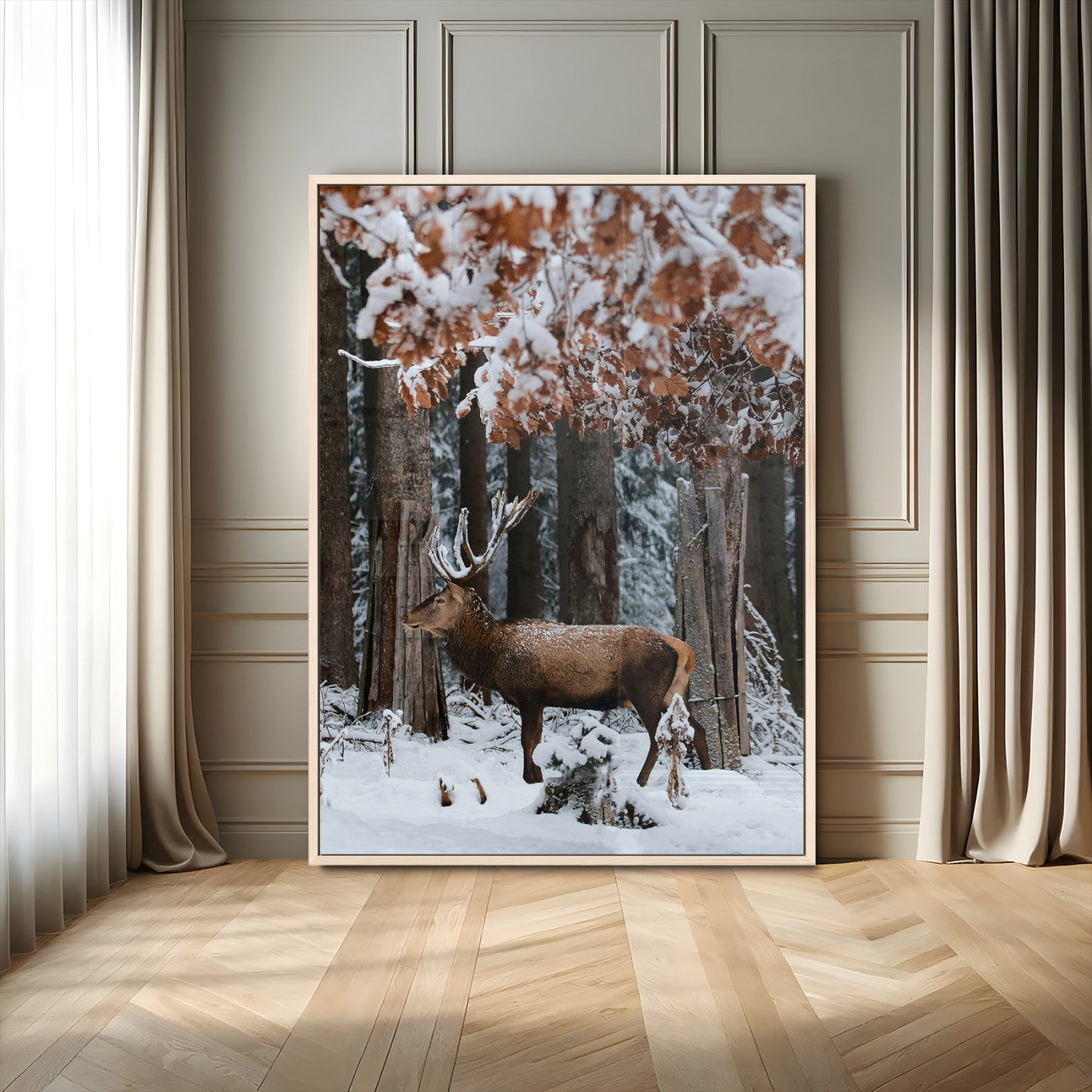 MGV-FP-48X32-3P - Serene Landscape Wall Art Canvas Print, Framed Winter Wonderland Art Picture Print, Winter Deer Perfect Cabin Decor Artwork