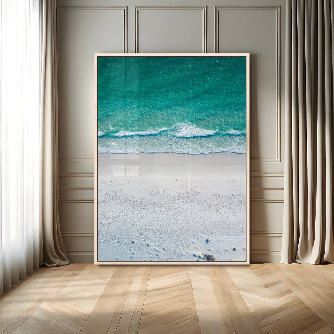 Turquoise Ocean Wall Art Canvas Print, Framed White Sand Shore Art, Gentle Waves Coastal Decor