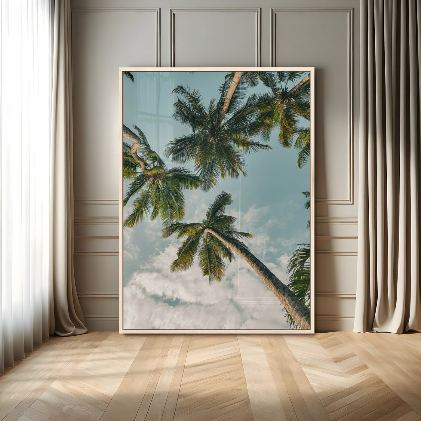 MGV-FP-48X32-3P - Tropical Palm Trees Wall Art Canvas Print, Framed Coastal Nature Art Picture Print, Relaxing Summer Vibes Perfect Boho Coastal Decor Artwork