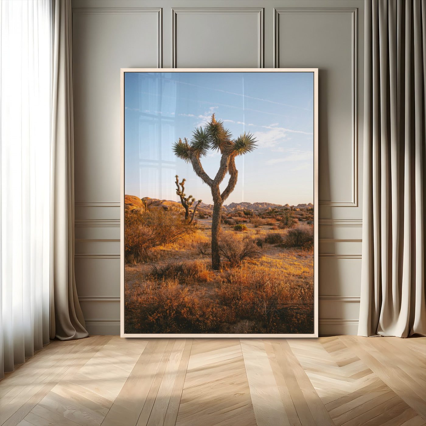 MGV-FP-48X32-3P - Joshua Tree Wall Art Canvas Print, Framed Golden Hour Desert Art Picture Print, Sunset Glow Perfect Southwestern Boho Decor Artwork