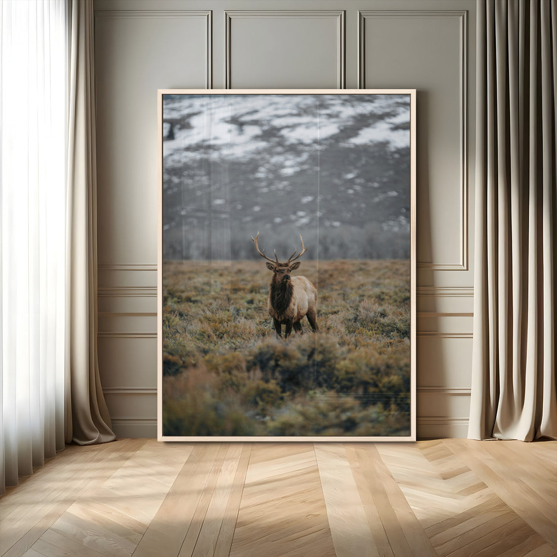 Wild Elk Wall Art Canvas Print, Framed Mountain Wilderness Majestic Animal Artwork
