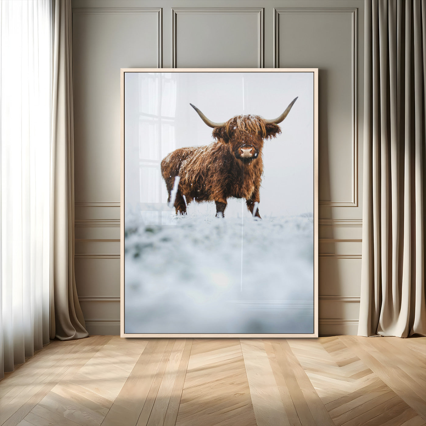 MGV-FP-48X32-3P - Highland Cow Wall Art Canvas Print, Framed Horned Cow Art Picture Print, Scottish Cattle Perfect Farmhouse Decor Artwork