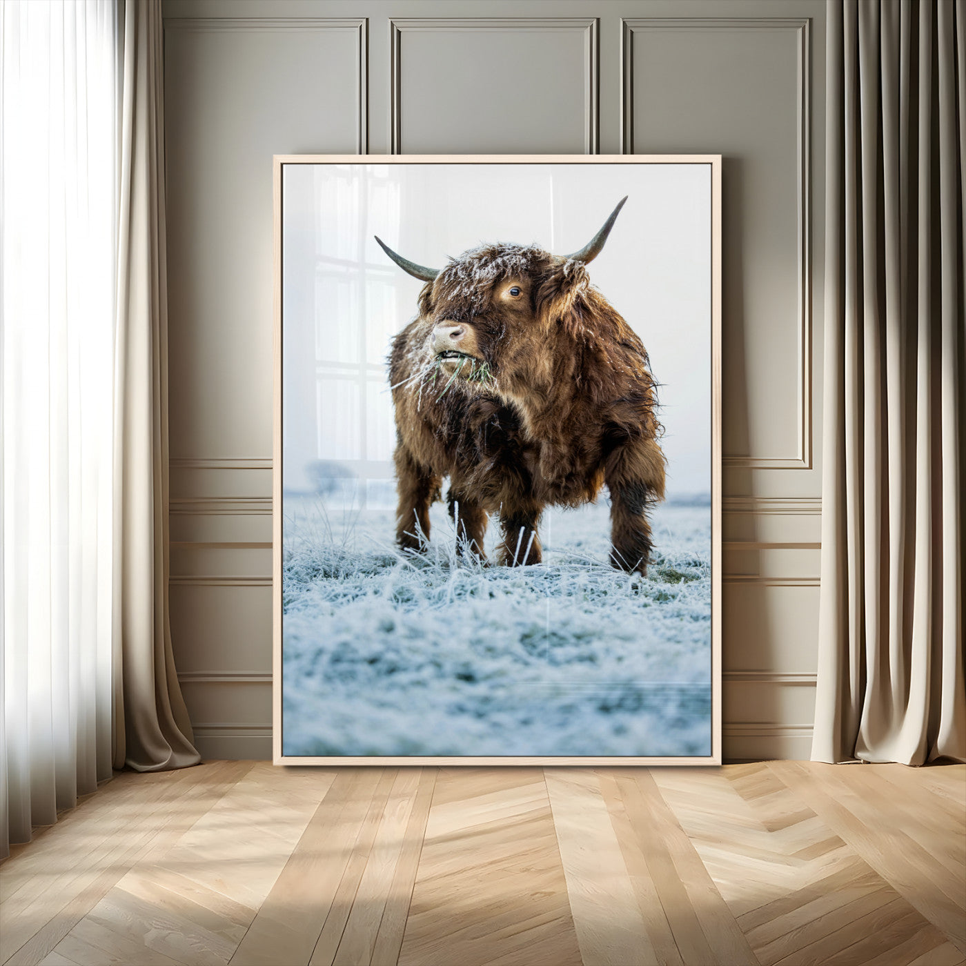 MGV-FP-48X32-3P - Minimalist Scottish Highlang Cow Wall Art Canvas Print for Farmhouse / County Style Art Print for