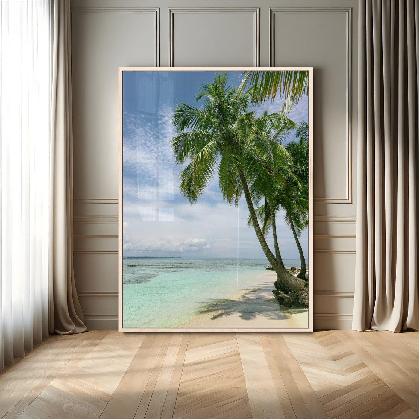 MGV-FP-48X32-3P - Tropical Beach Palm Trees Canvas Print – Island Coastal Wall Art, Bright Ocean Horizon Photography