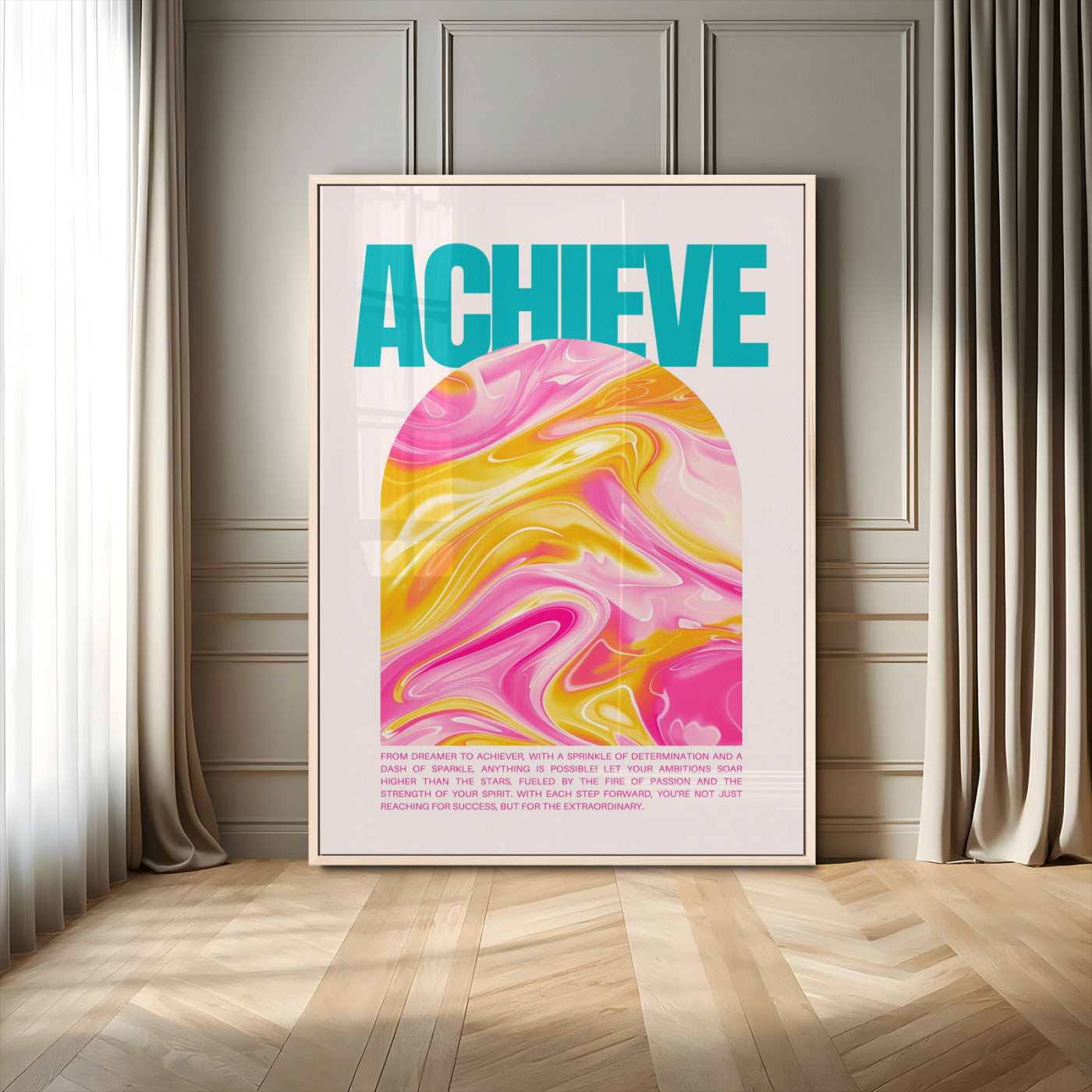 MGV-FP-48X32-3P - Achieve Motivational Poster Canvas Wall Art – Inspirational Abstract Pink & Yellow Swirls, Positive Quote Decor for Office, Home