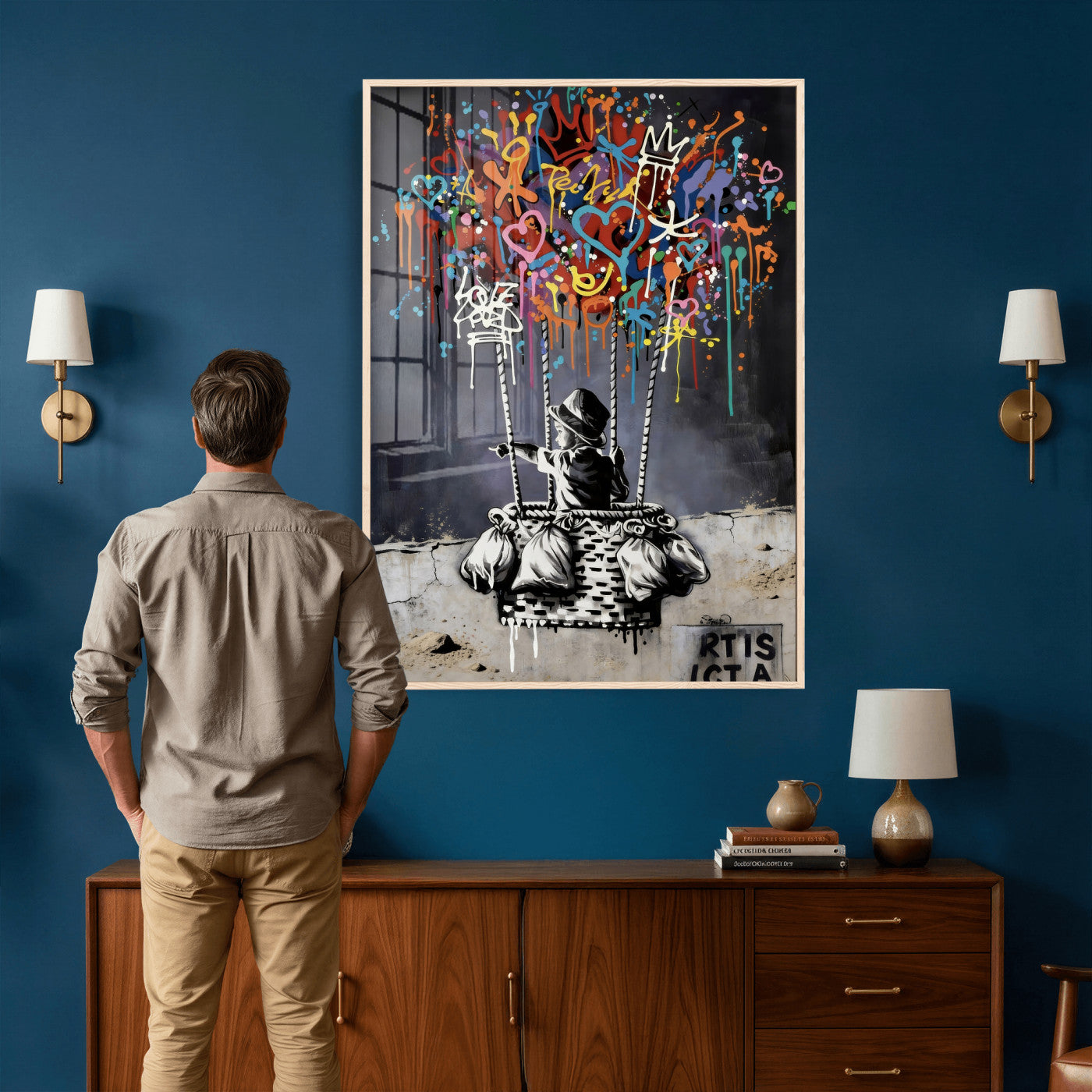 56325542-MGV-CV-24X36 - Banksy Inspired Boy Swing Wall Art Canvas Print, Graffiti Balloon Hearts Street Art, Colorful Urban Mural Artwork for Modern Living Room Decor