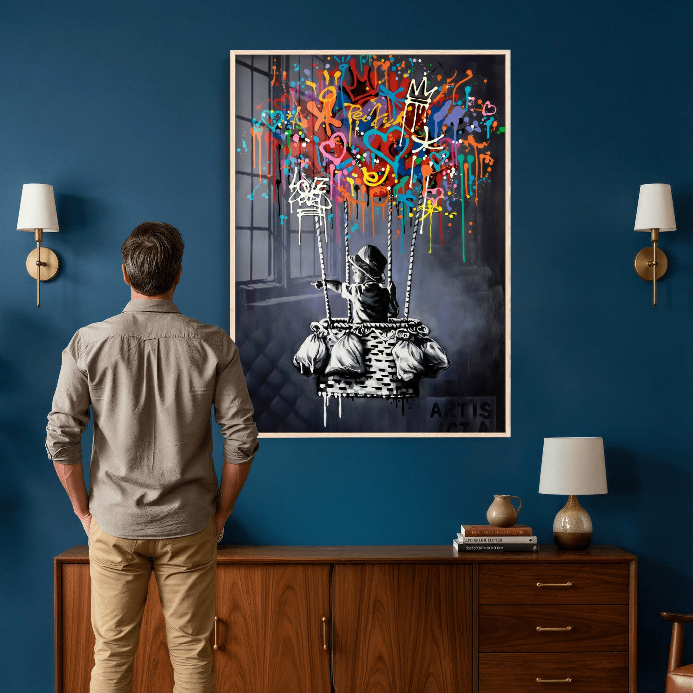 87352999-MGV-CV-24X36 - Banksy Inspired Boy Swing Wall Art Canvas Print, Graffiti Balloon Hearts Street Art, Colorful Urban Mural Artwork for Modern Living Room Decor