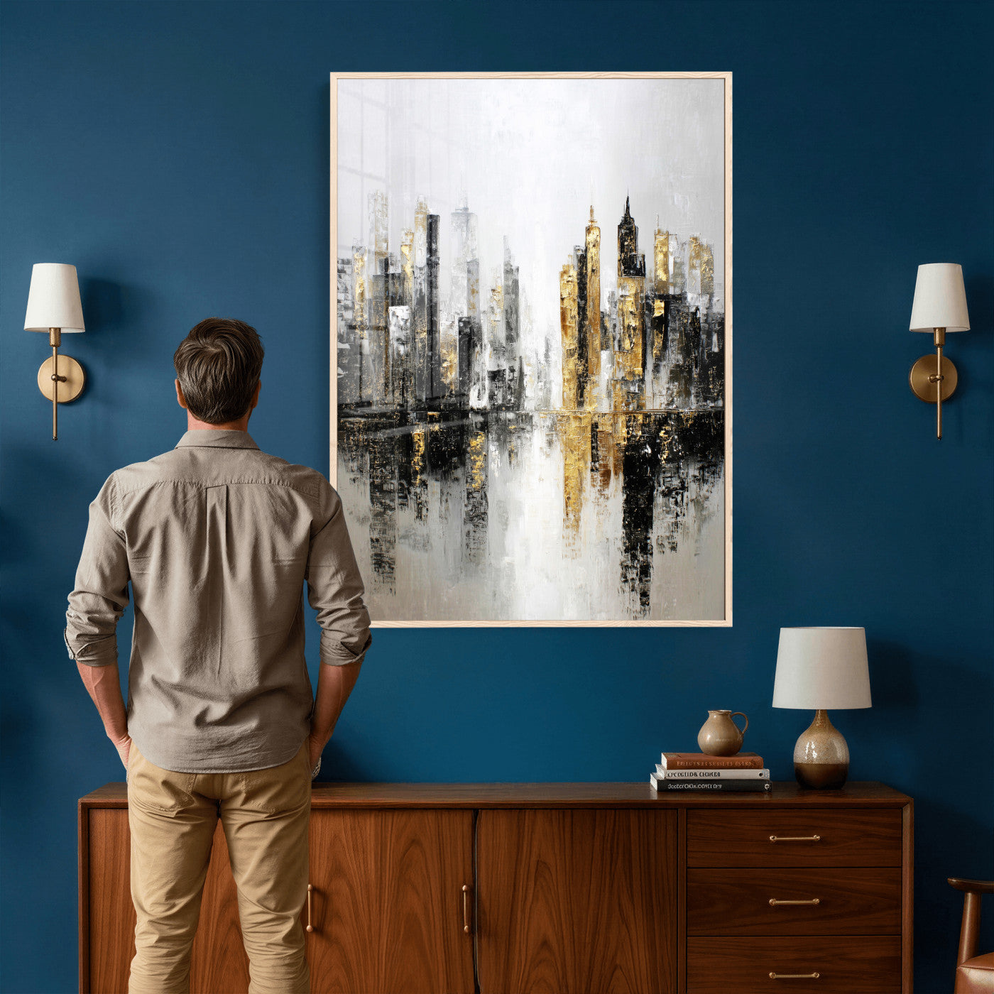 38126217-MGV-CV-24X36 - Abstract Urban Reflection Wall Art Canvas Print, Gold Black Modern Architecture Canvas Print, Contemporary Moody City Artwork for Living Room Decor