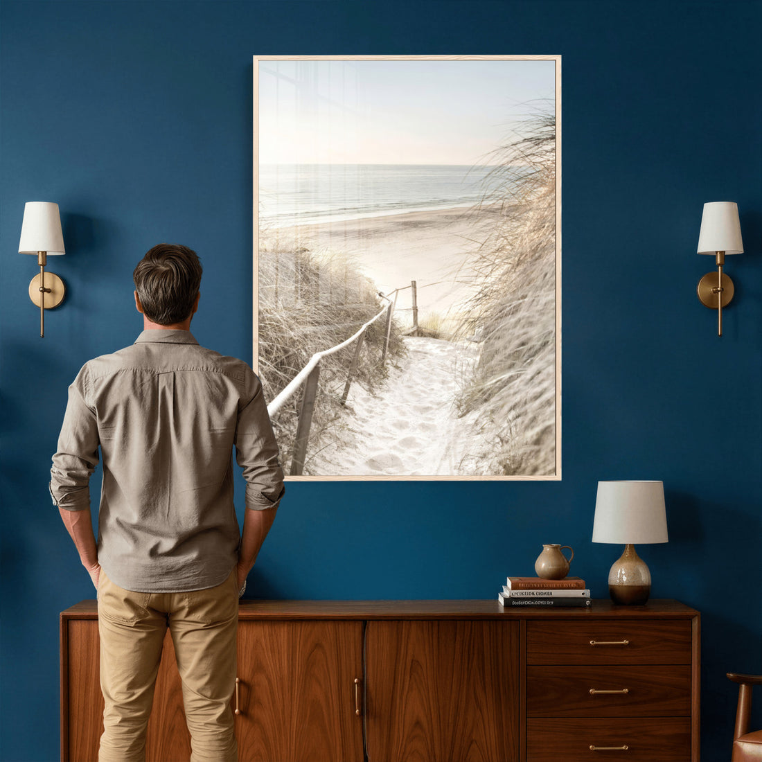 Coastal Beach Path Wall Art Canvas Print | Neutral Ocean Shore Landscape