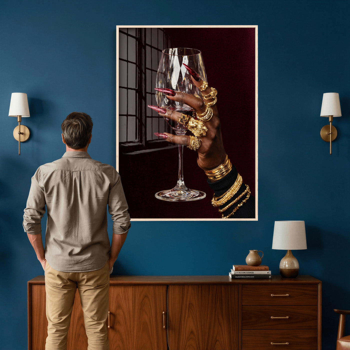 8151788Y6-MGV-CV-24X36 - Black Woman Holding Elegant Wine Glass Art, Black Girl Art, Black Woman Art, Trendy Black Girl Wall Art