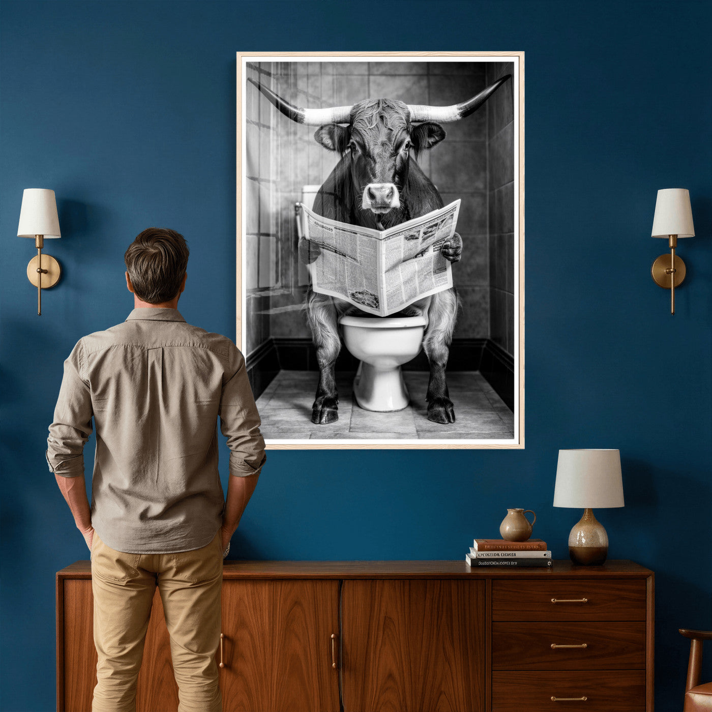 77994492-MGV-CV-24X36 - Texas Longhorn Cow Toilet Paper Canvas Wall Art, Funny Bathroom Black White Print, Cute Animal Humor Decor, Quirky Farmhouse Bathroom Art, Cow Lover Gift